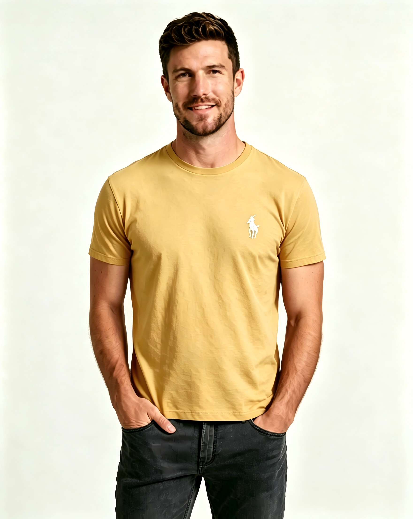 Men's Basic Crew-Neck T-Shirt – Embroidered Blue Pony Logo, Casual Soft Pure Cotton Short-Sleeve Top