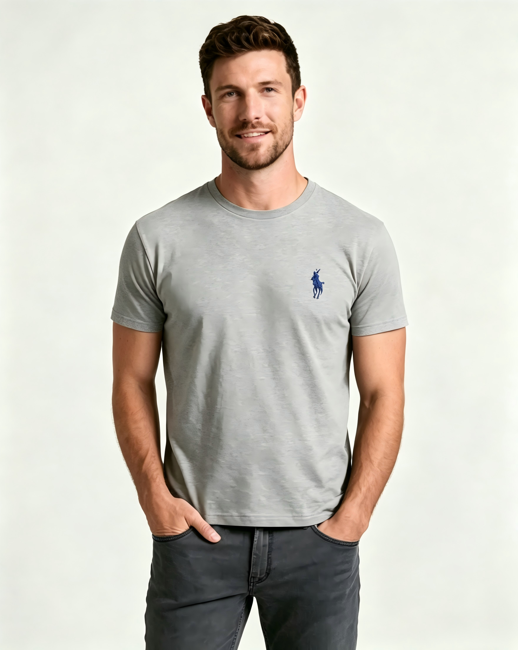 Men's Basic Crew-Neck T-Shirt – Embroidered Blue Pony Logo, Casual Soft Pure Cotton Short-Sleeve Top
