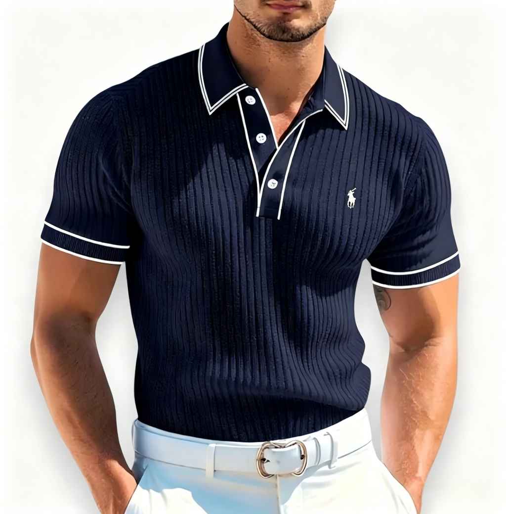 Men's Polo Shirt with White Piping Detail – Embroidered Short-Sleeve Smart-Casual Golf Top
