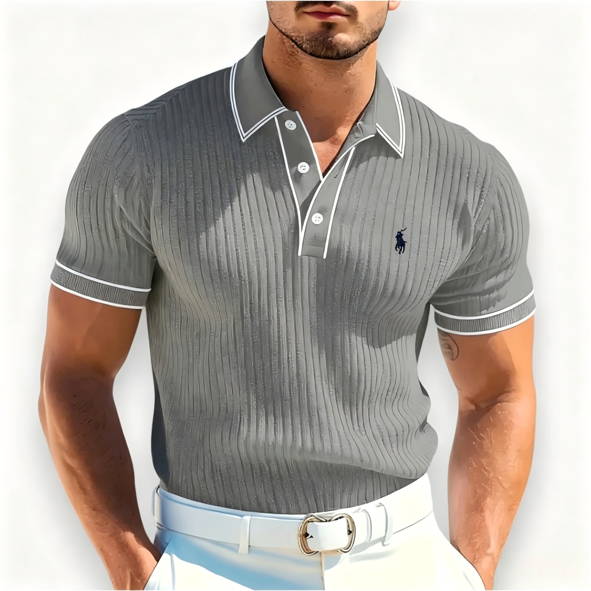 Men's Polo Shirt with White Piping Detail – Embroidered Short-Sleeve Smart-Casual Golf Top