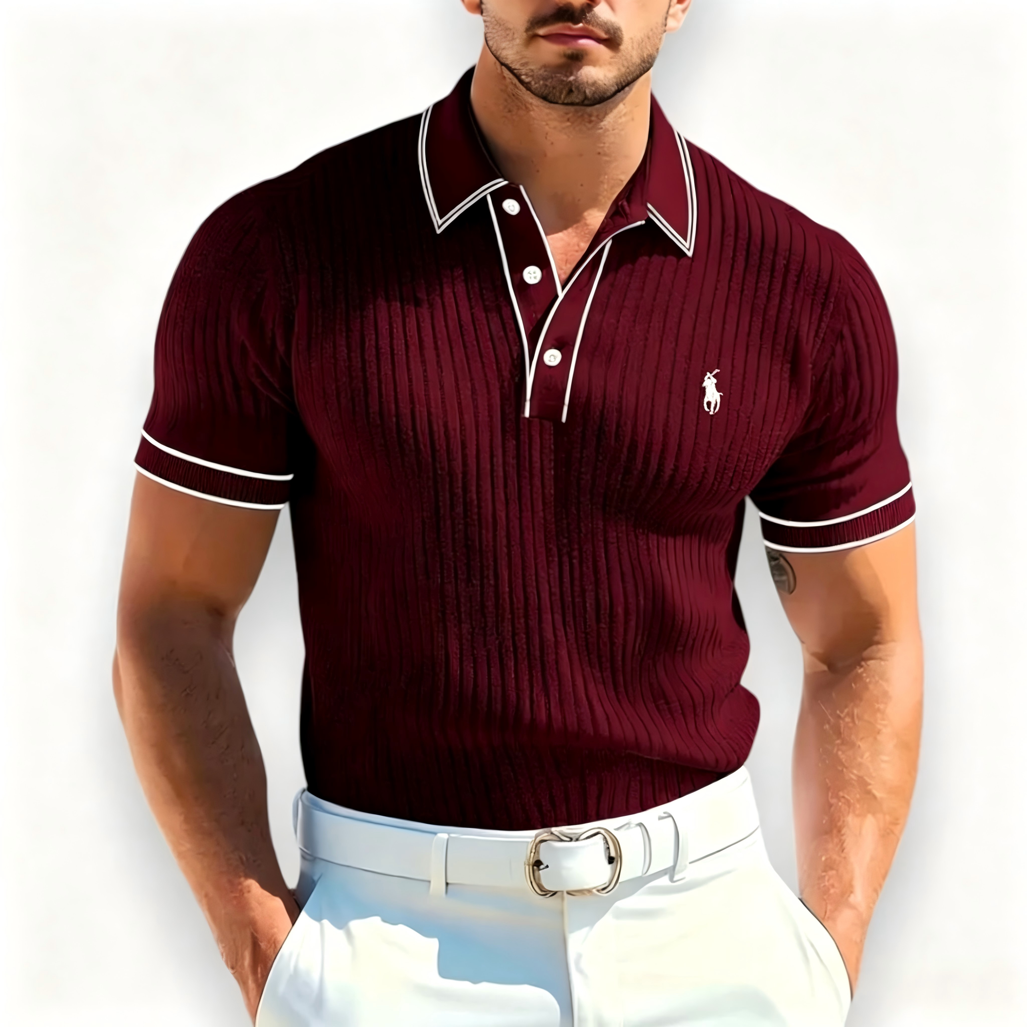 Men's Polo Shirt with White Piping Detail – Embroidered Short-Sleeve Smart-Casual Golf Top