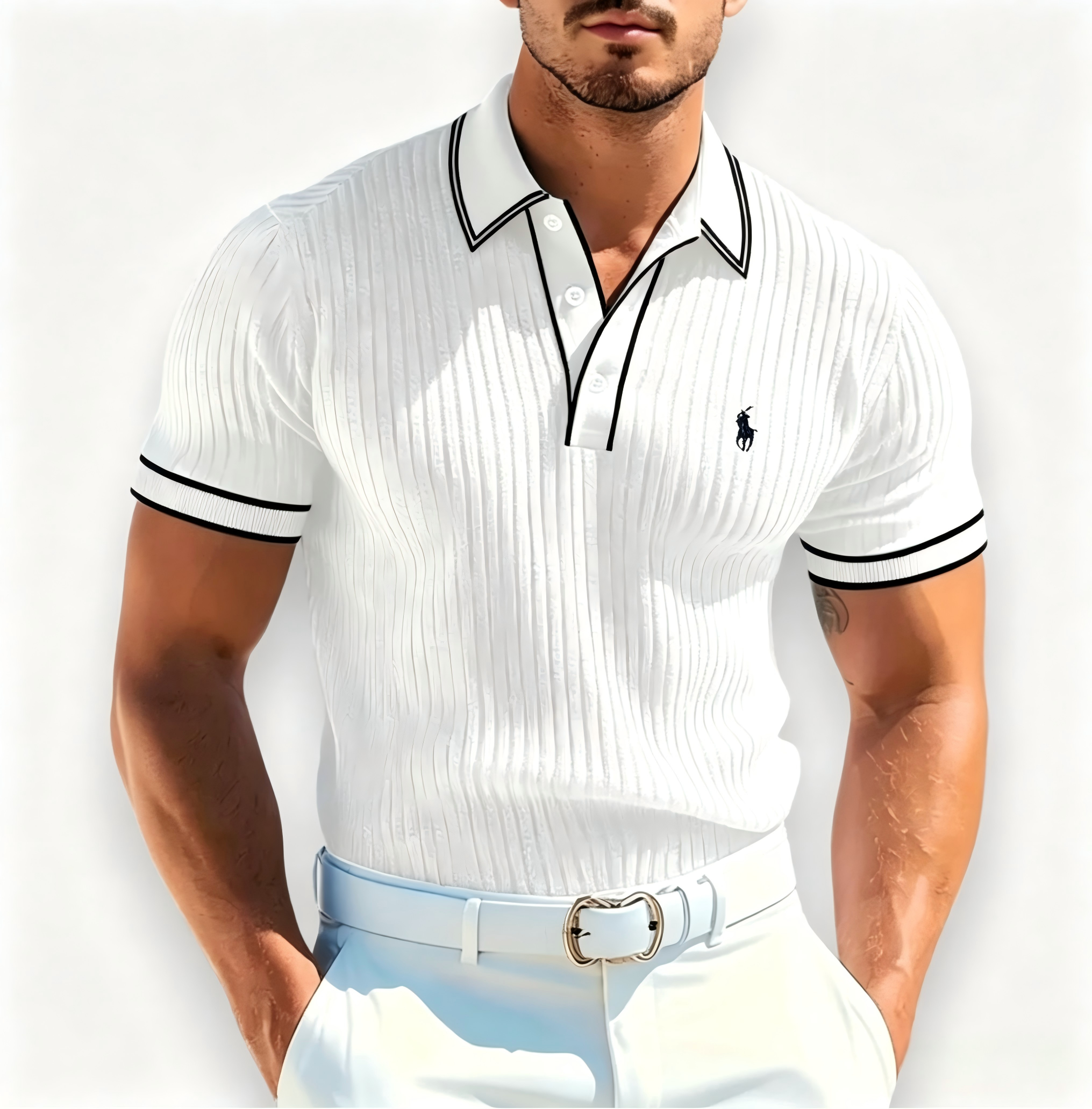 Men's Polo Shirt with White Piping Detail – Embroidered Short-Sleeve Smart-Casual Golf Top