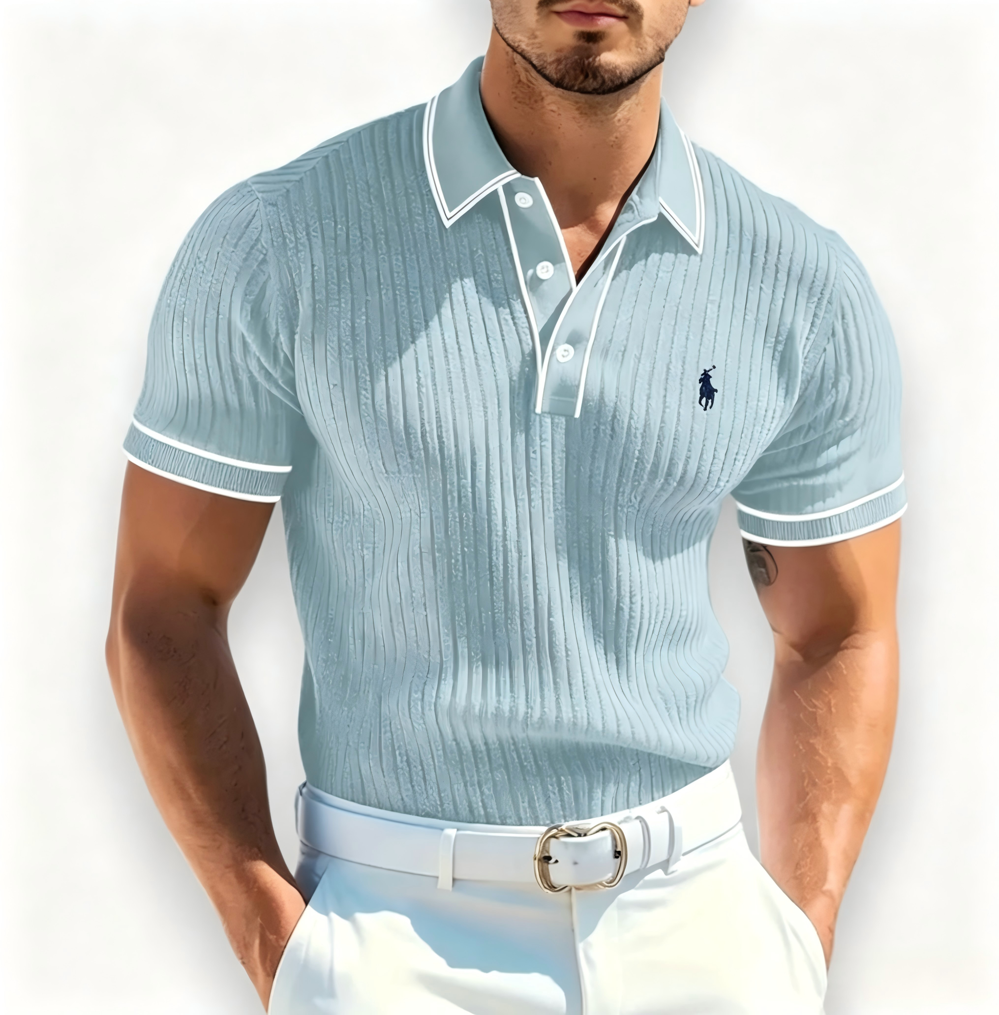 Men's Polo Shirt with White Piping Detail – Embroidered Short-Sleeve Smart-Casual Golf Top
