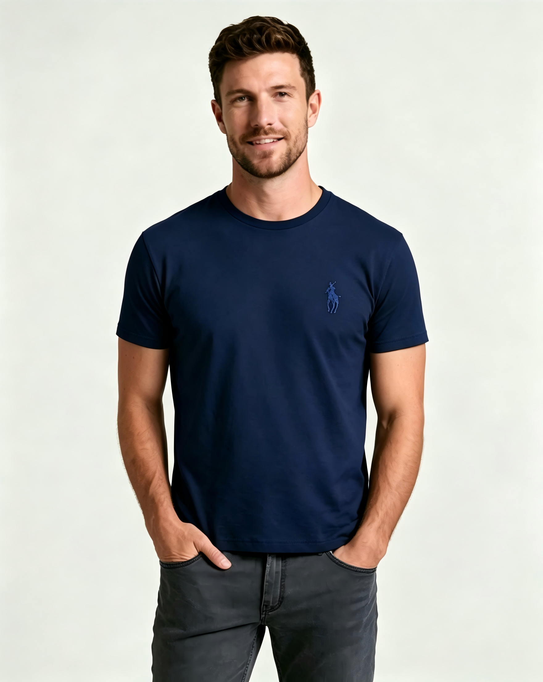 Men's Basic Crew-Neck T-Shirt – Embroidered Blue Pony Logo, Casual Soft Pure Cotton Short-Sleeve Top