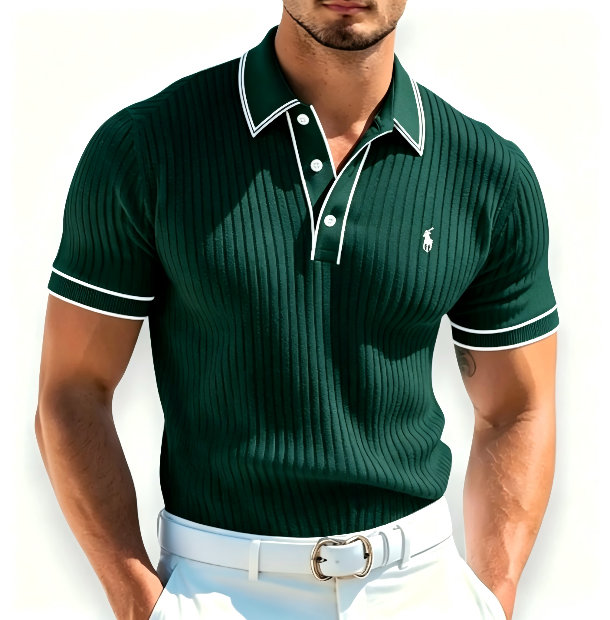 Men's Polo Shirt with White Piping Detail – Embroidered Short-Sleeve Smart-Casual Golf Top