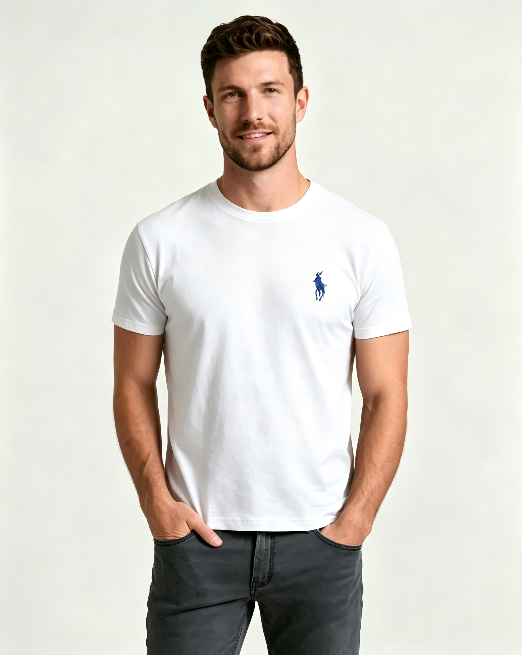 Men's Basic Crew-Neck T-Shirt – Embroidered Blue Pony Logo, Casual Soft Pure Cotton Short-Sleeve Top