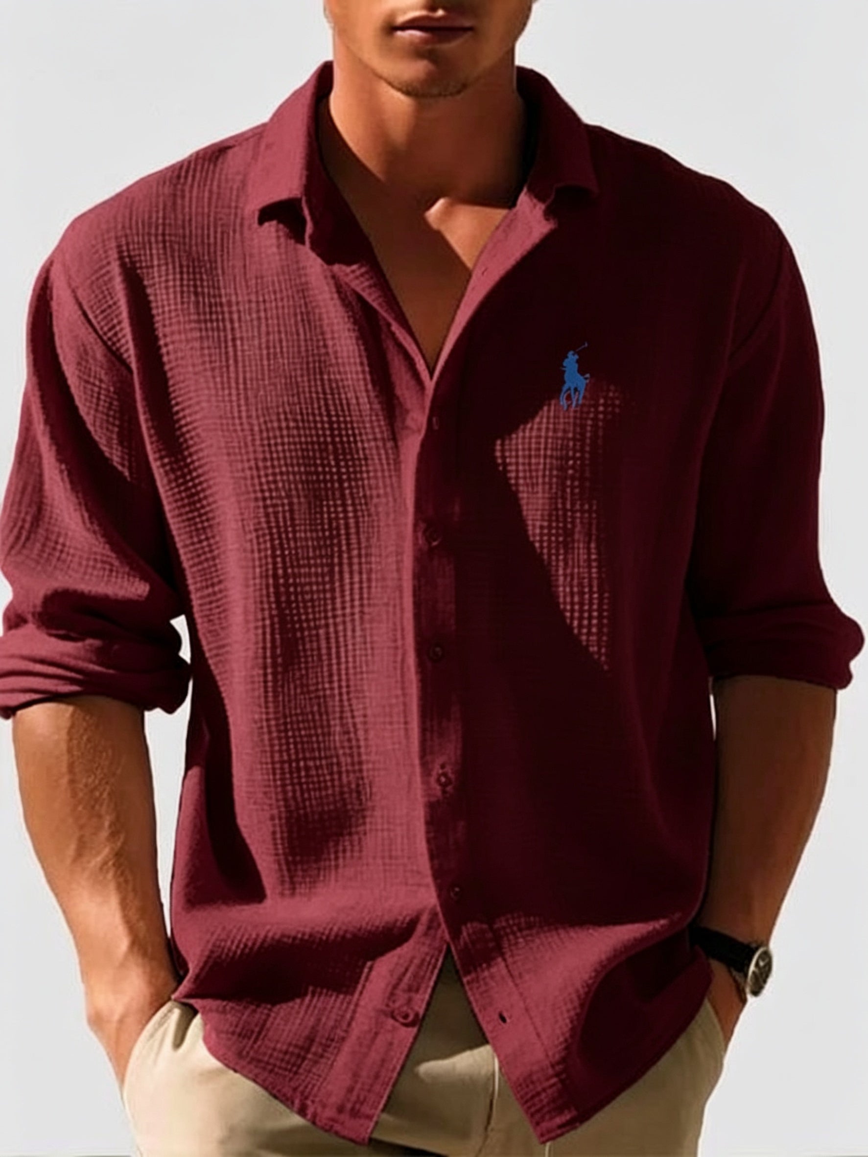 Men's Loose-Fit Waffle-Knit Collared Shirt