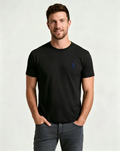 Men's Basic Crew-Neck T-Shirt – Embroidered Blue Pony Logo, Casual Soft Pure Cotton Short-Sleeve Top