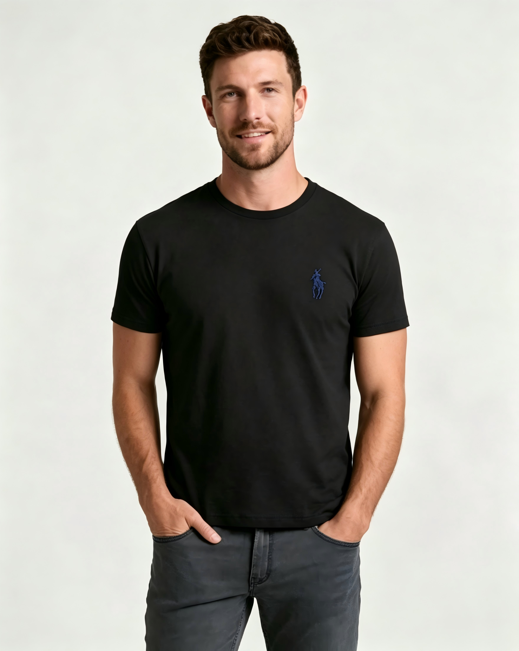 Men's Basic Crew-Neck T-Shirt – Embroidered Blue Pony Logo, Casual Soft Pure Cotton Short-Sleeve Top