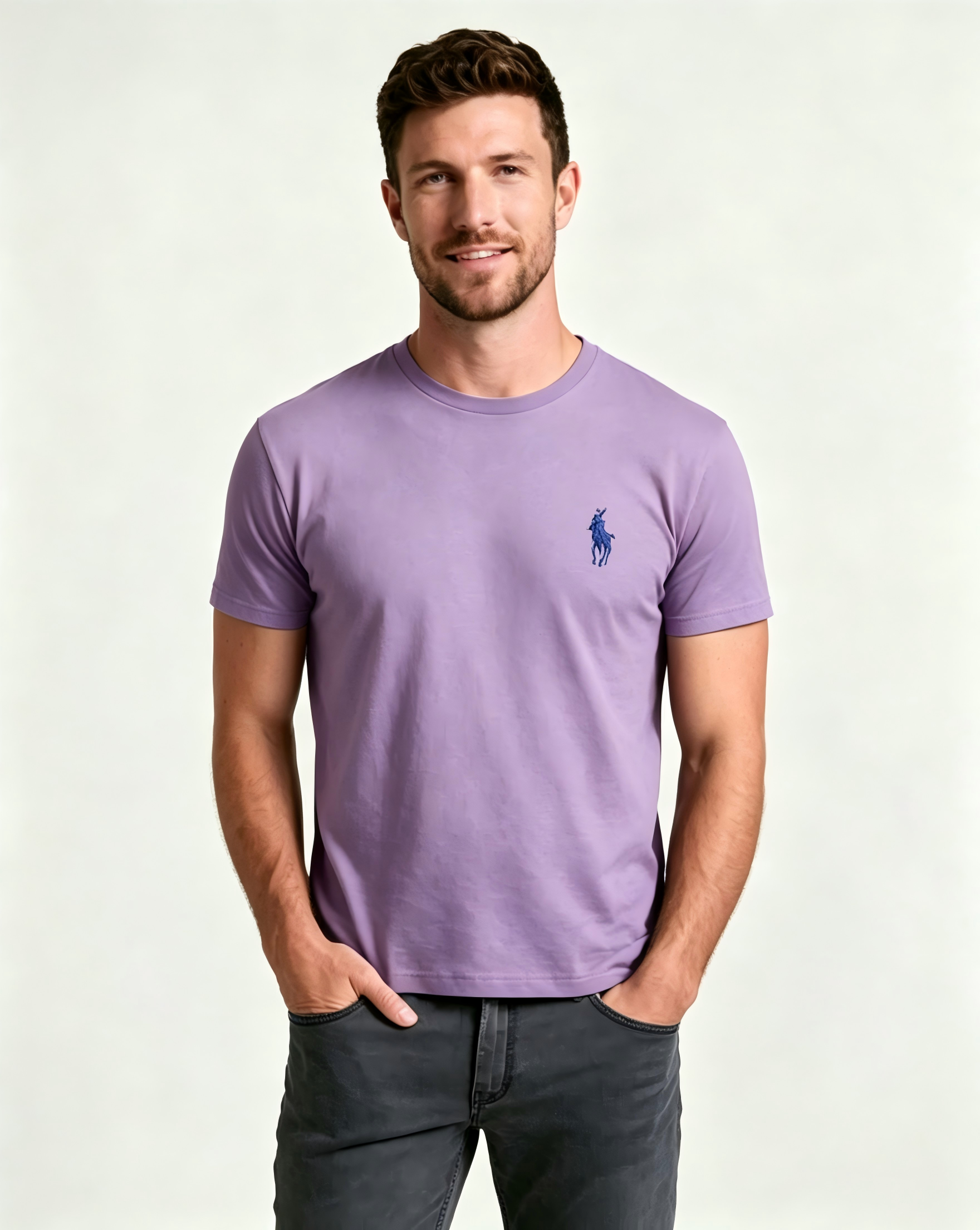 Men's Basic Crew-Neck T-Shirt – Embroidered Blue Pony Logo, Casual Soft Pure Cotton Short-Sleeve Top