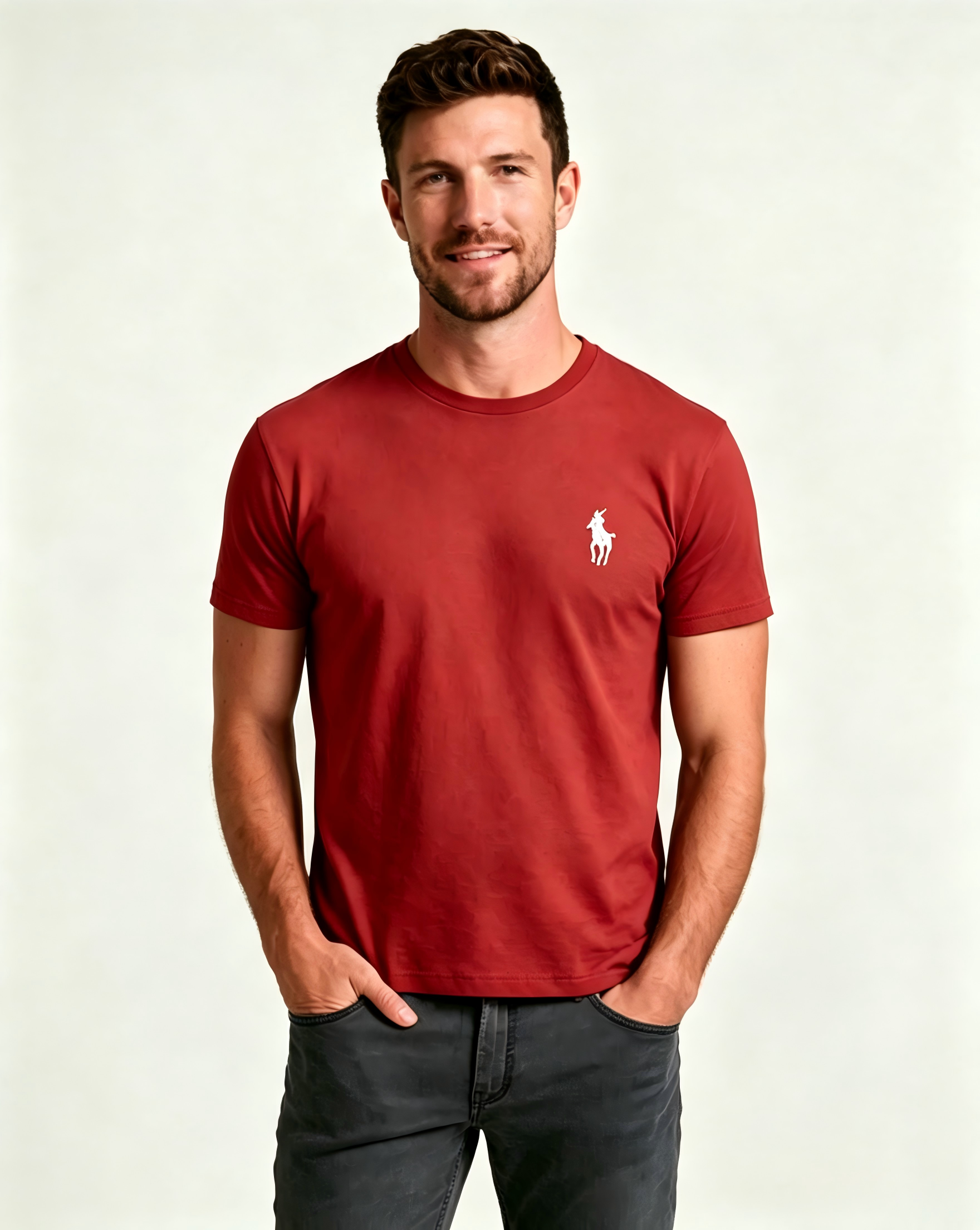 Men's Basic Crew-Neck T-Shirt – Embroidered Blue Pony Logo, Casual Soft Pure Cotton Short-Sleeve Top