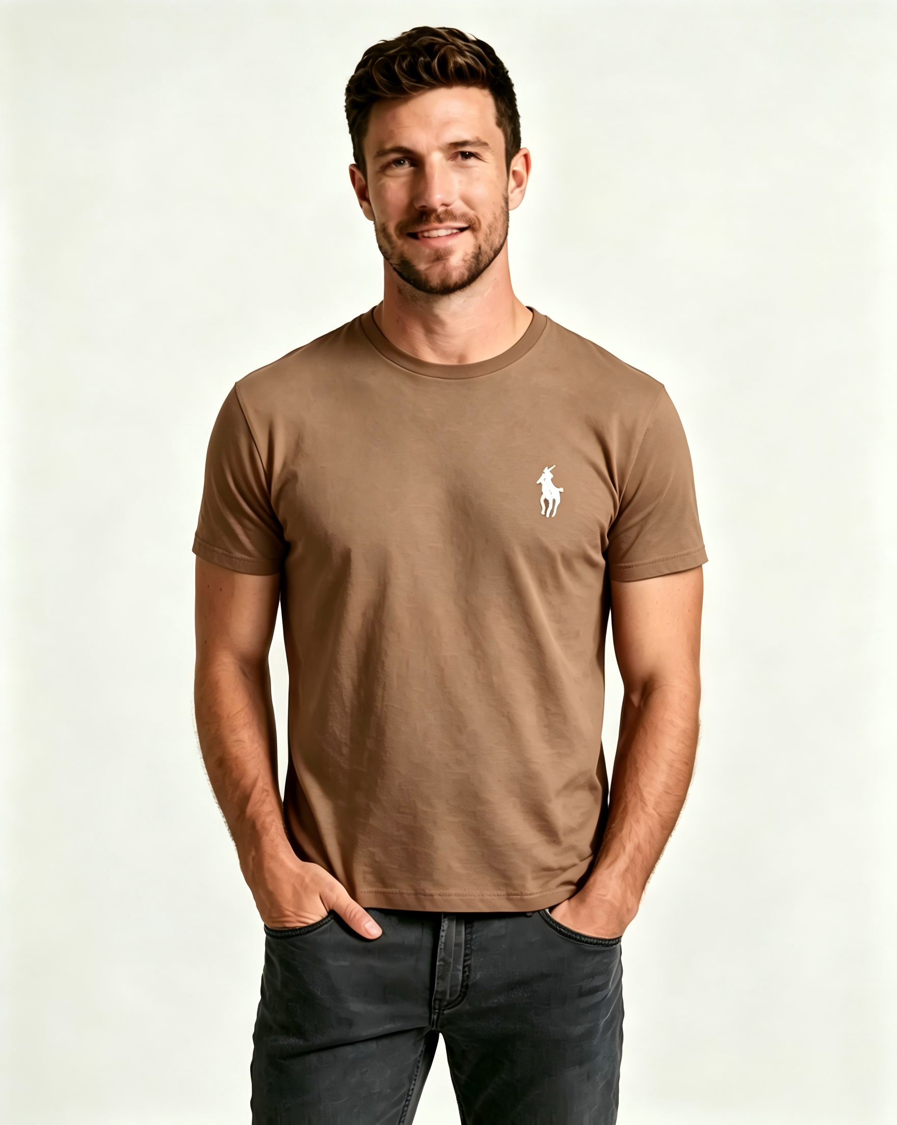 Men's Basic Crew-Neck T-Shirt – Embroidered Blue Pony Logo, Casual Soft Pure Cotton Short-Sleeve Top