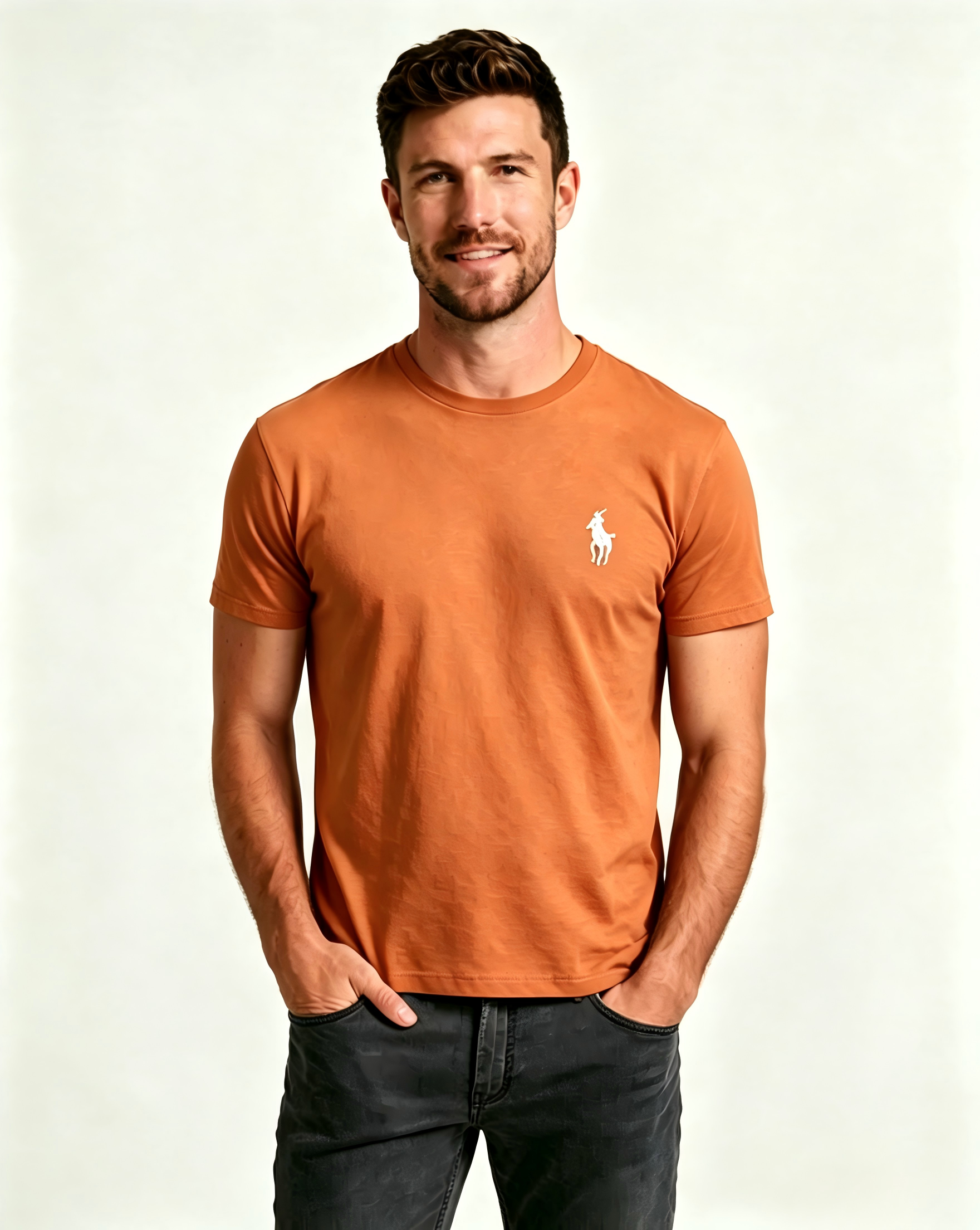 Men's Basic Crew-Neck T-Shirt – Embroidered Blue Pony Logo, Casual Soft Pure Cotton Short-Sleeve Top